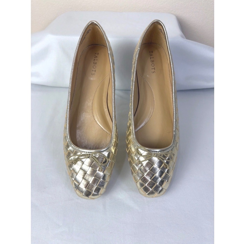 NEW Talbots Shiny Gold Braided Square Toe Slip On Flats Size 8 Balletcore Chic - Picture 1 of 6